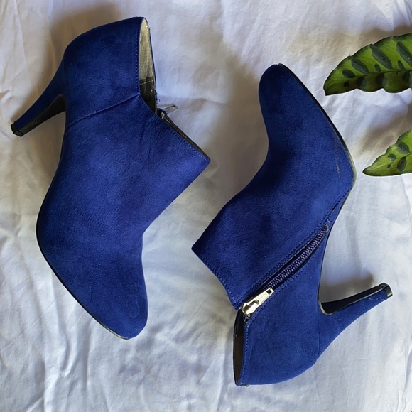 Bright Blue Faux Leather Suede Heeled Bootie - Picture 2 of 4